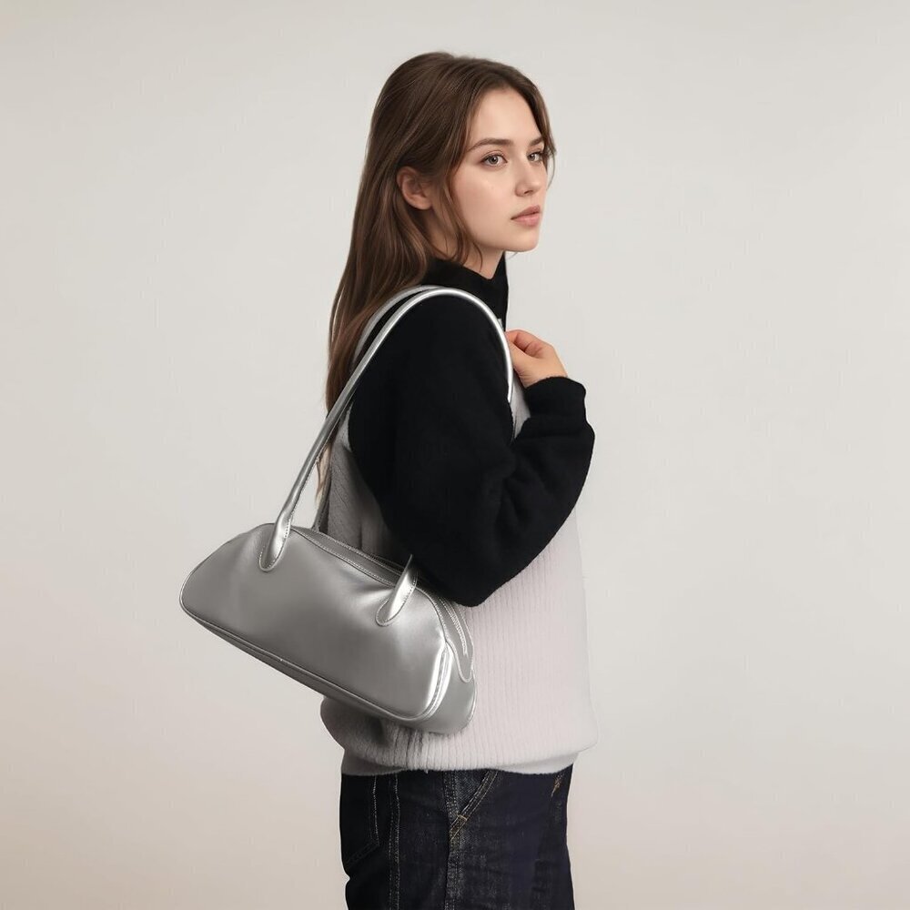 Women’s Silver PU Leather Y2K Shoulder Bag Trendy Fashion Work Travel Bag - Picture 6 of 7